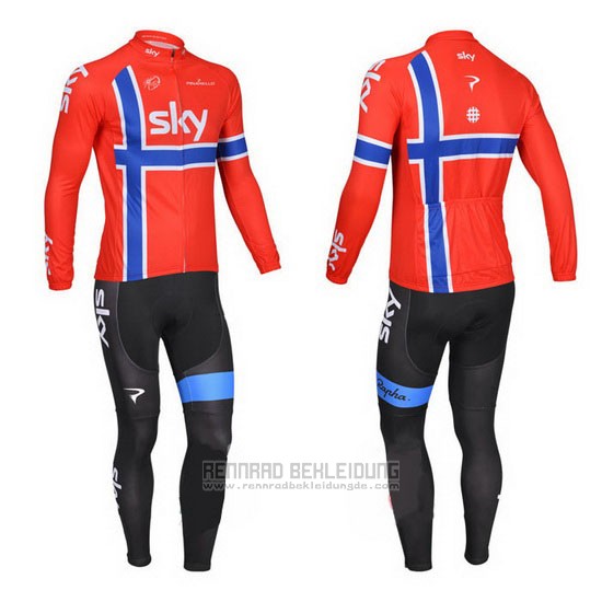 2013 Fahrradbekleidung Sky Champion Norwegen Blau und Rot Trikot Langarm und Tragerhose